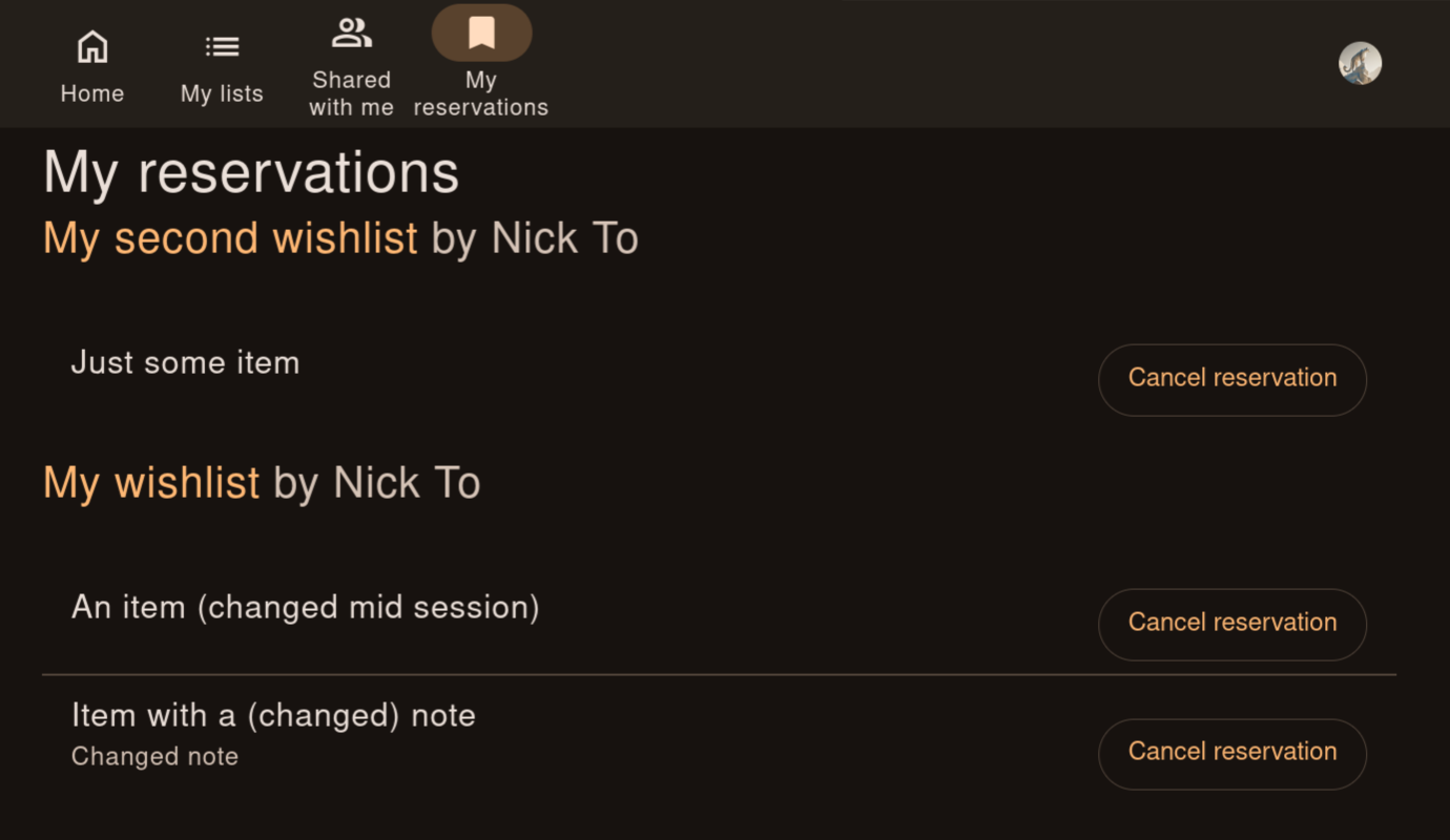 My reservations page with items grouped under two different lists