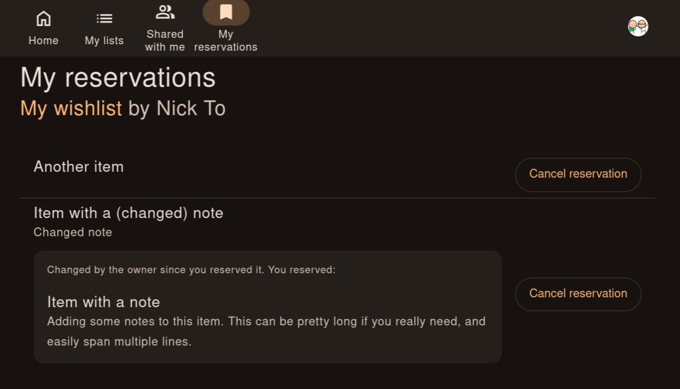My reservations page, with a &ldquo;changed by the owner&rdquo; notice on one item