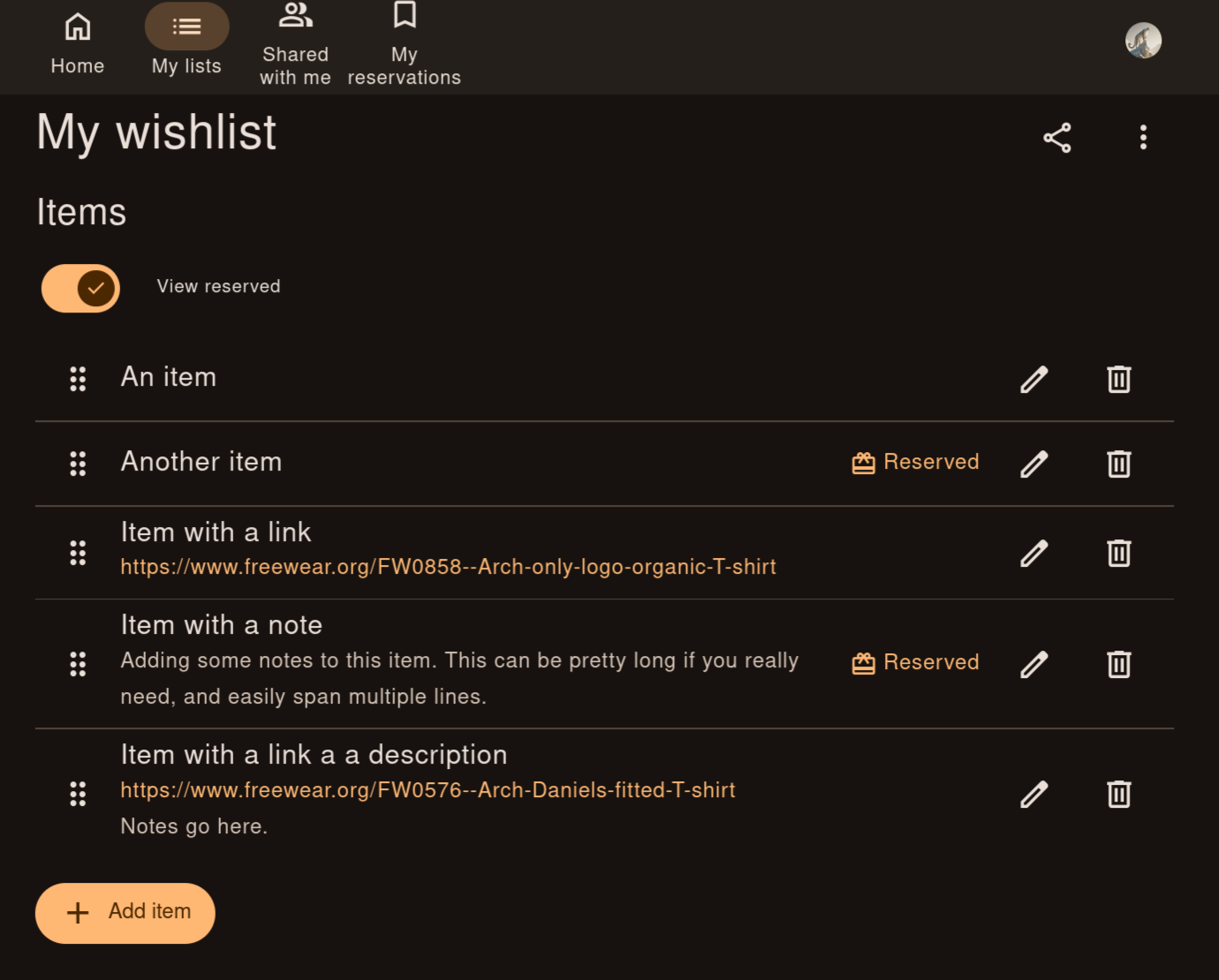 Owner&rsquo;s list with &ldquo;View reserved&rdquo; on, two items marked as reserved