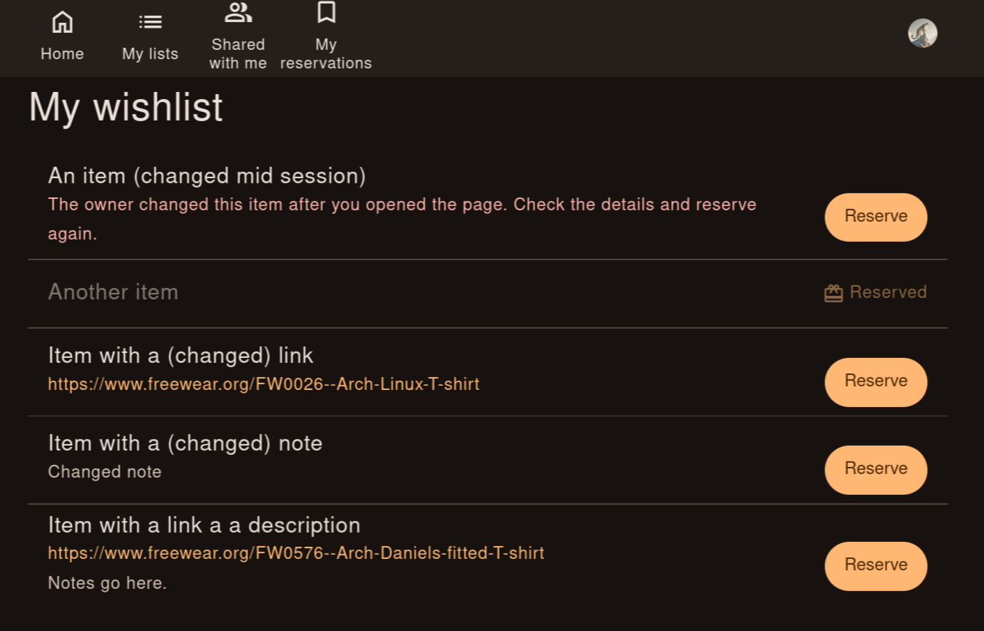 Shared list with a warning on an item the owner changed after the page was opened