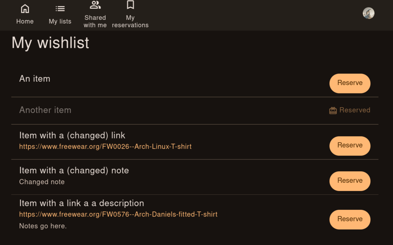 Shared list as seen by another person, with an item marked &ldquo;Reserved&rdquo; and no button