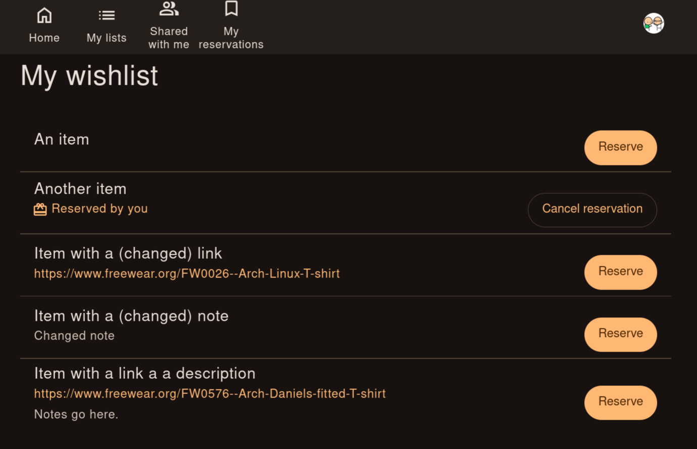 Shared list view with Reserve buttons and one item reserved by the viewer